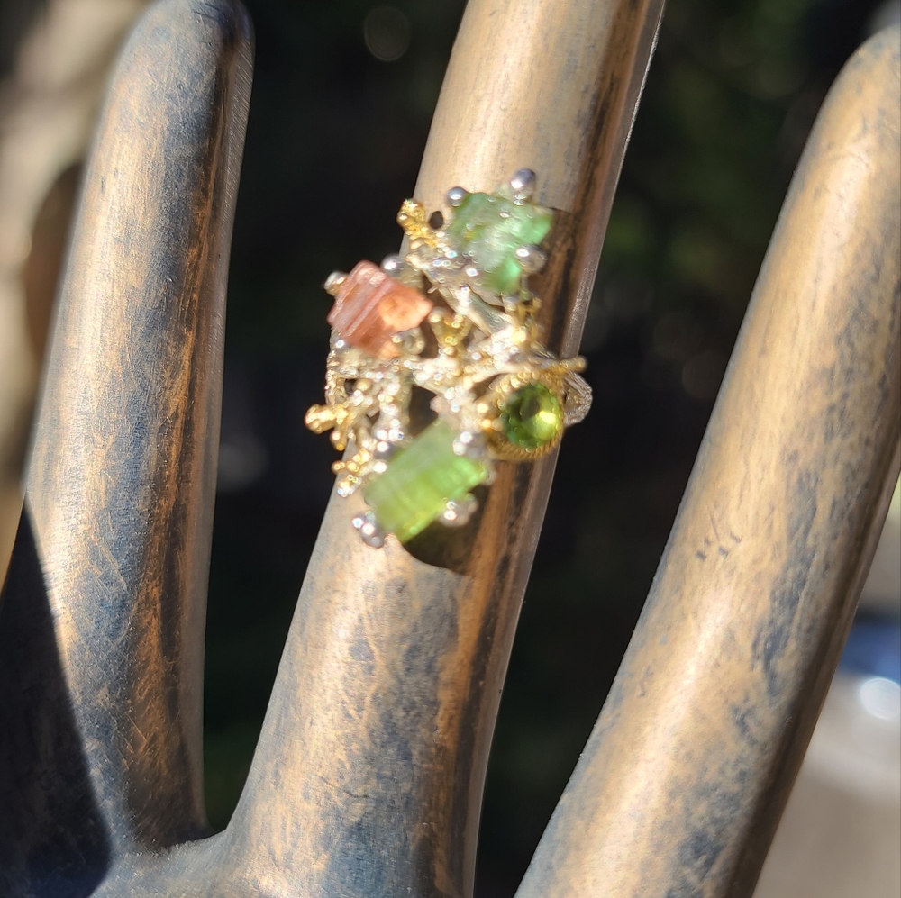 Turmulene green ocean & watermelon 🍉 w/Peridot sterling & gold ring sz6.5 - Picture 9 of 11